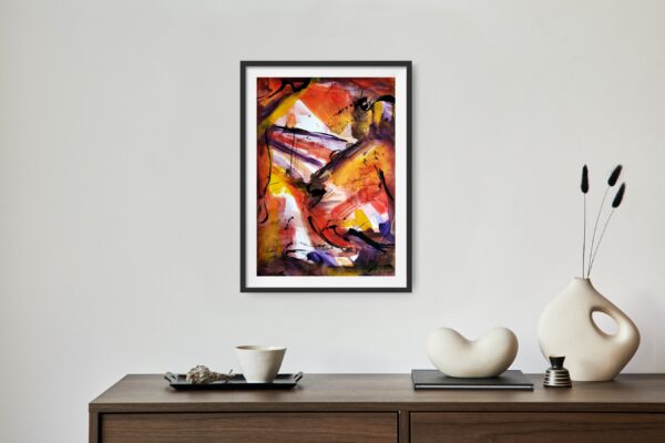 Bright abstract pattern artwork in red, yellow, orange, purple, black and white colours hanging on a wall above a cabinet.