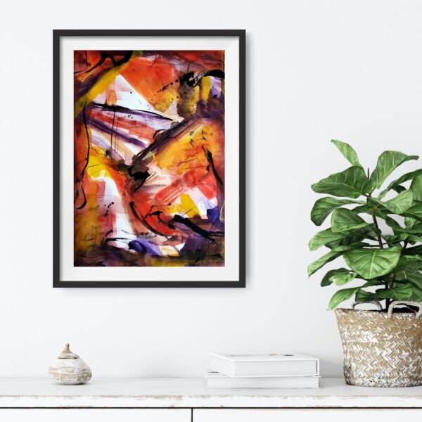 Bright abstract pattern artwork in red, yellow, orange, purple, balck and white colours hanging on a wall above a cabinet and decorating items.
