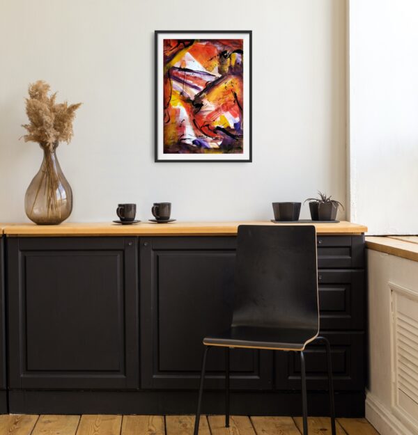 Bright abstract pattern artwork in red, yellow, orange, purple, black and white colours hanging on a wall above a black desk and chair.