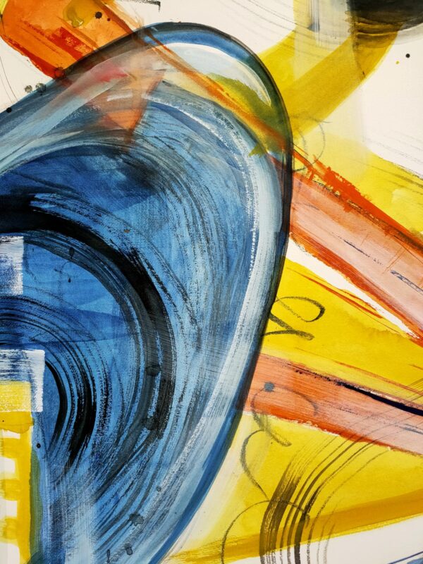 Abstract artwork containing pattern with blue, yellow, orange, white and black swirling patterns.
