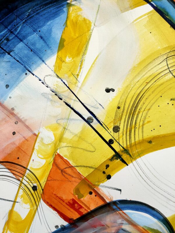 Abstract artwork containing pattern with blue, yellow, orange, white and black swirling patterns.