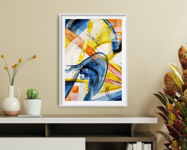 Abstract artwork containing pattern with blue, yellow, orange, white and black swirling patterns hanging on a wall above a desk.