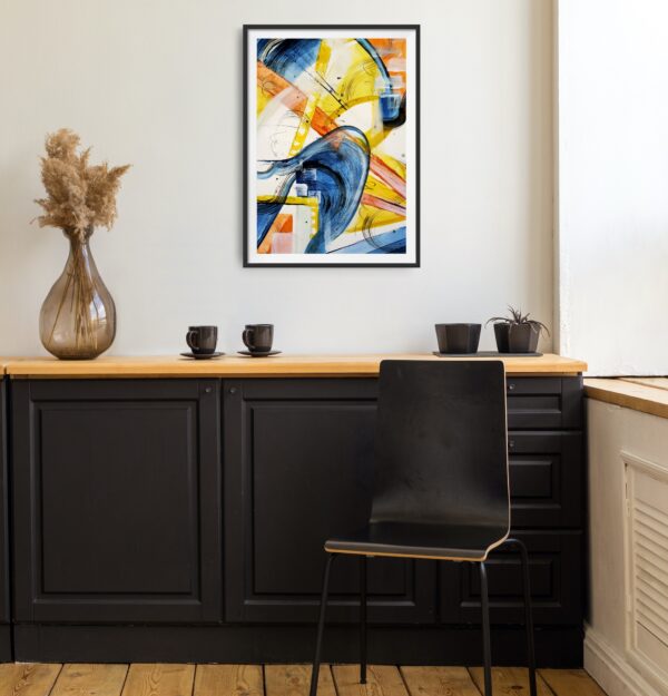 Abstract artwork containing pattern with blue, yellow, orange, white and black swirling patterns hanging on a wall above a black desk and chair.