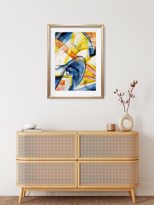 Abstract artwork containing pattern with blue, yellow, orange, white and black swirling patterns hanging on a wall above a cabinet with decorating items.