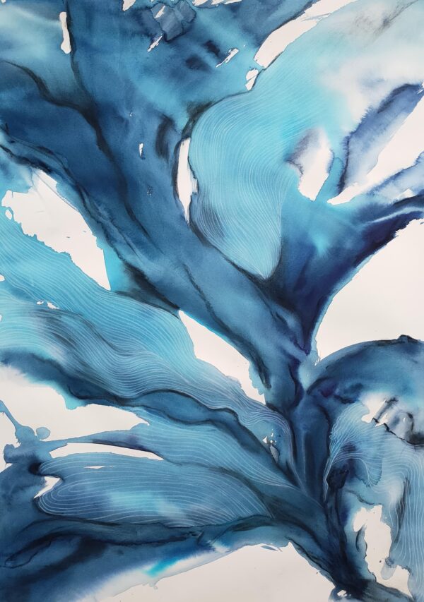 Bright blue and turquoise abstract artwork of waving underwater plants.
