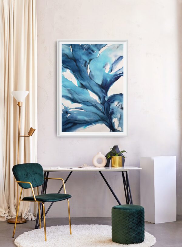 Bright blue and turquoise abstract artwork of waving underwater plants hanging on a wall above a table, chair and decorating items.