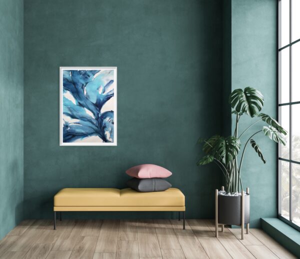 Bright blue and turquoise abstract artwork of waving underwater plants hanging on a teal wall above a bench seat with a plant and window to the side.