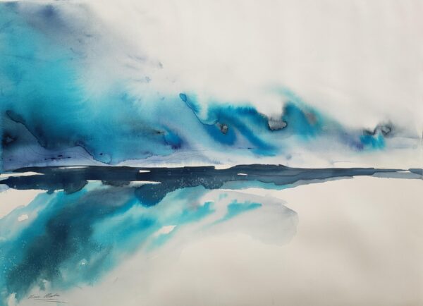 Bright blue and turquoise abstract seascape artwork.