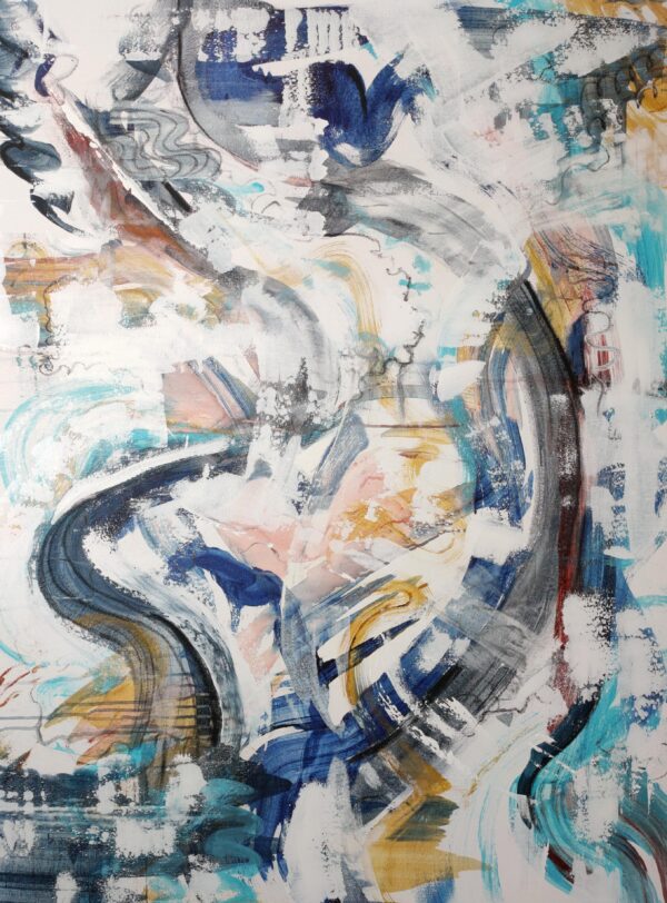 Swirling patterned abstract artwork featuring blues, turquoises, apricots, yellow ochres, white and black colours.