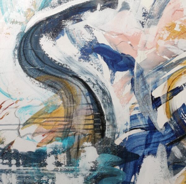 Swirling patterned abstract artwork featuring blues, turquoises, apricots, yellow ochres, white and black.