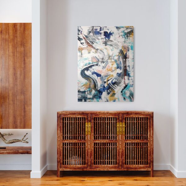 Swirling patterned abstract artwork featuring blues, turquoises, apricots, yellow ochres white and black on a wall with a cabinet below.