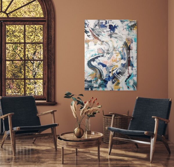 Swirling patterned abstract artwork featuring blues, turquoises, apricots, yellow ochres, white and black on a wall with a window beside and chairs and table below.