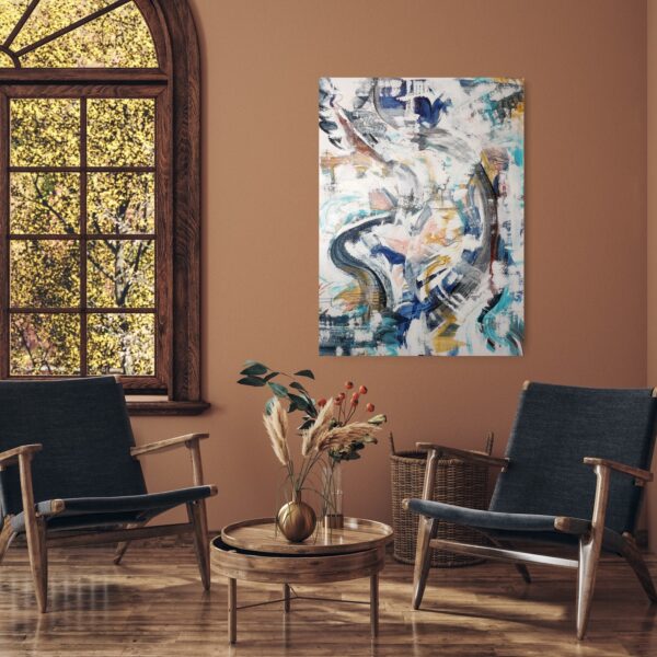 Swirling patterned abstract artwork featuring blues, turquoises, apricots, yellow ochres, white and black on a wall with a window beside and chairs and table below.