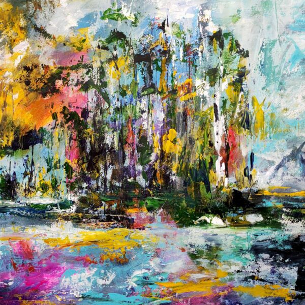 Bright colours portraying an abstract painting of trees and lake at dawn