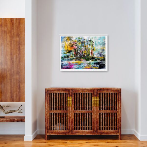 Bright colours portraying an abstract painting of trees and lake at dawn hanging above a wooden entrance table