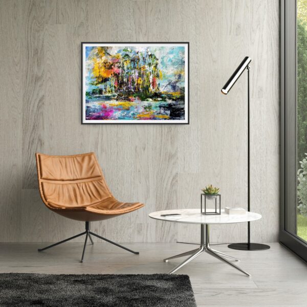 Bright colours portraying an abstract painting of trees and lake at dawn hanging on a wall above a chair and table