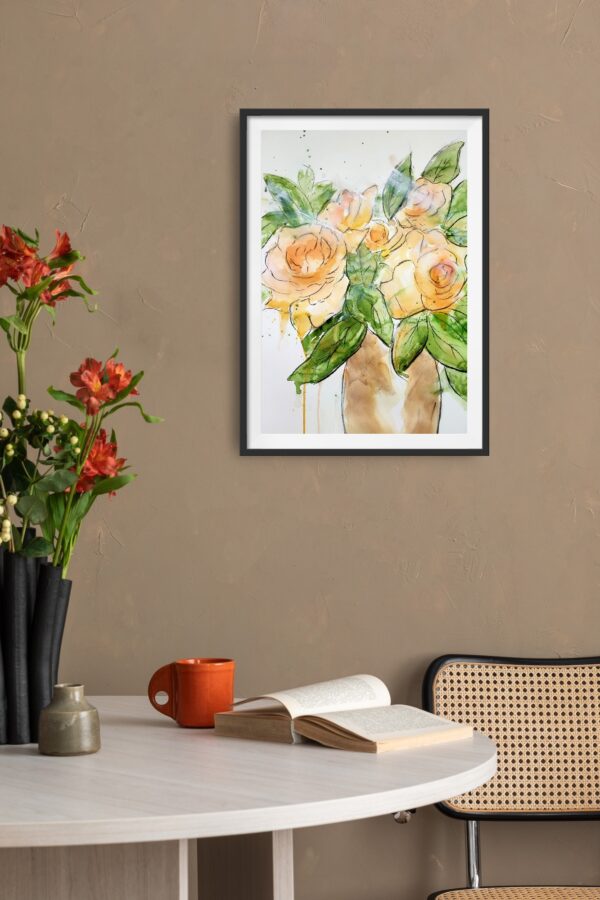 Original abstract painting of pale apricot roses in a vase hanging on a beige wall above a table and chairs