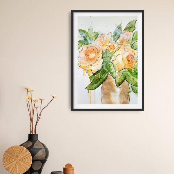 Beautiful original abstract mixed media artwork of pale apricot roses hanging on a wall above a cabinet and decorating items