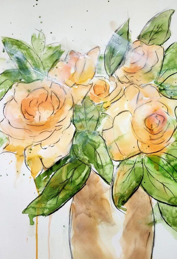 Original abstract painting of pale apricot roses and green leaves in a vase