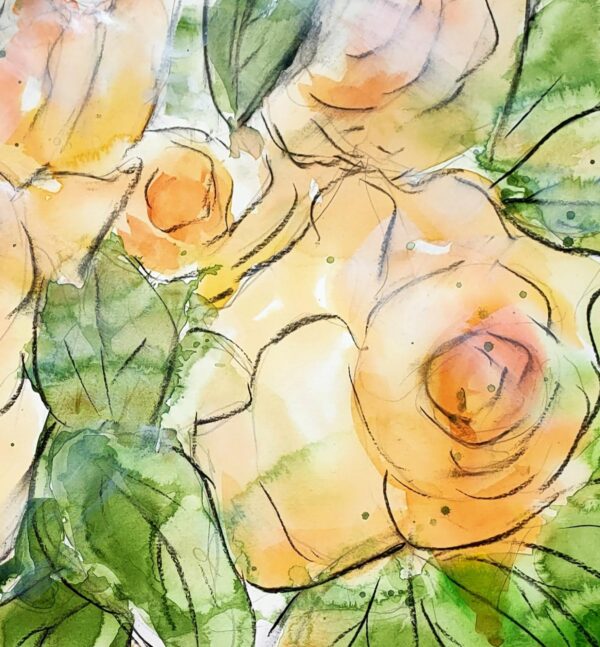 Detail of original abstract painting of pale apricot roses and green leaves