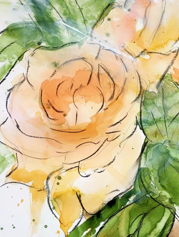 Detail of original abstract painting of pale apricot roses and green leaves