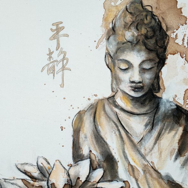 Original painting showing a sepia, brown and black female Buddha in serene meditation with a lotus flower and Asian calligraphy for serenity