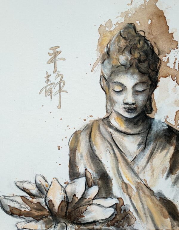 Original painting showing a sepia, brown and black female Buddha in serene meditation with a lotus flower and Asian calligraphy for serenity