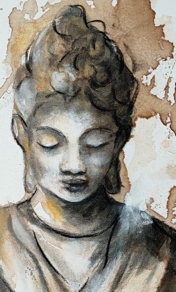 Detail of an original painting showing sepia, brown and black female Buddha in serene meditation