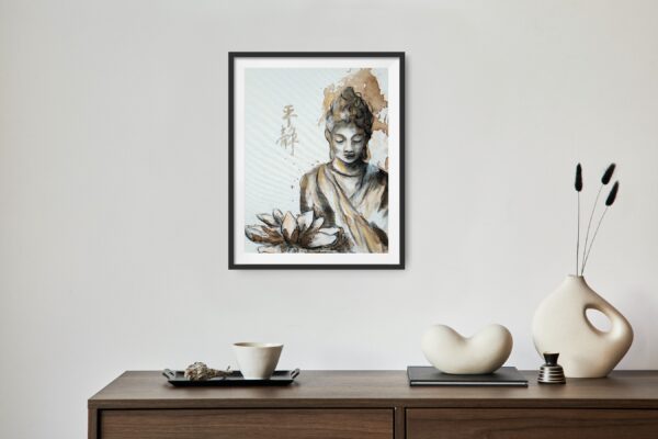 Original painting showing a sepia, brown and black female Buddha in serene meditation hanging on a wall above a wooden cabinet and decorating items