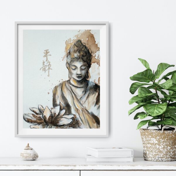 Original painting showing a sepia, brown and black female Buddha in serene meditation hanging on a wall above a white cabinet and decorating items