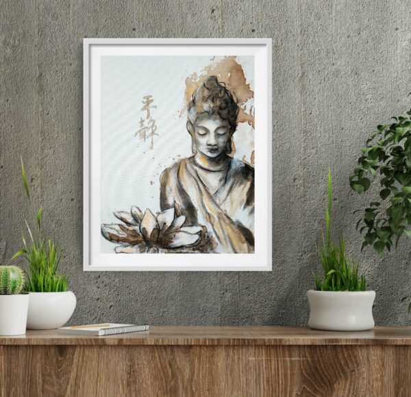 Original painting showing a sepia, brown and black female Buddha in serene meditation hanging on a wall above a wooden cabinet and decorating items